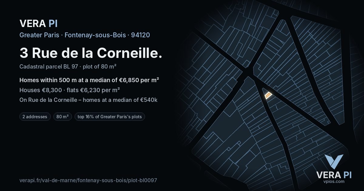 3 Rue de la Corneille, Fontenay-sous-Bois at night – the plot lit, the parcels around coloured by the prices near them