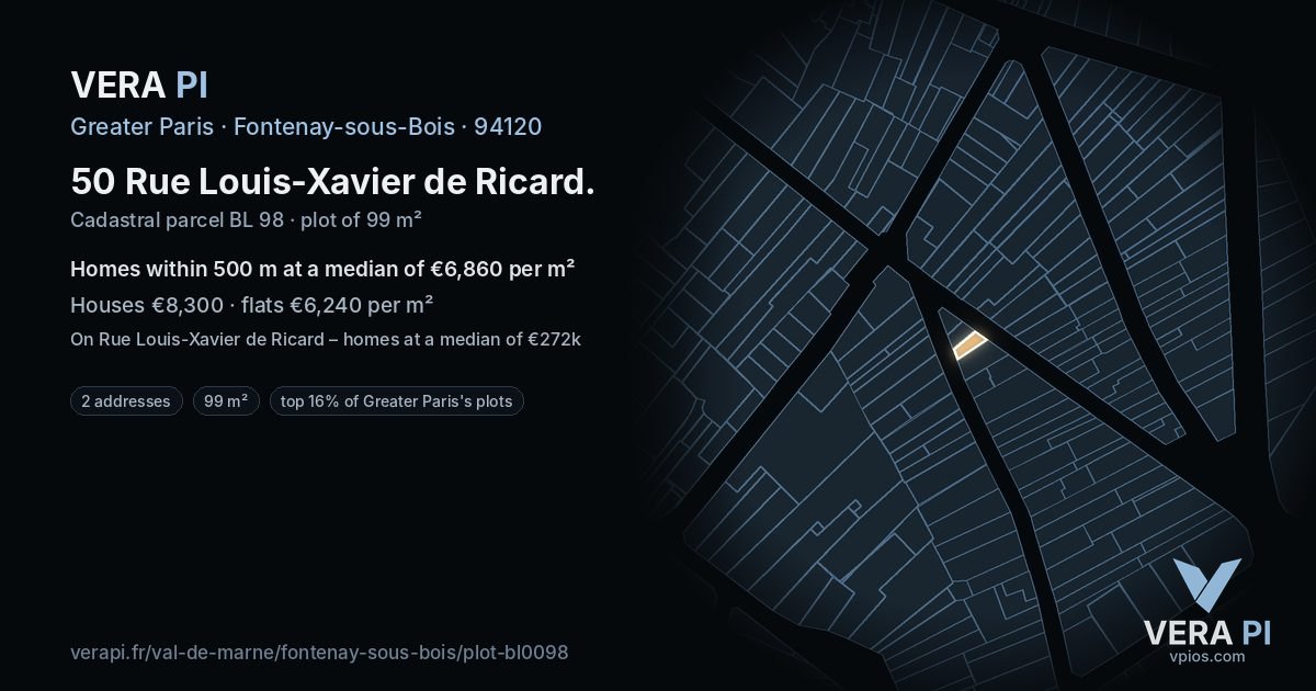 50 Rue Louis-Xavier de Ricard, Fontenay-sous-Bois at night – the plot lit, the parcels around coloured by the prices near them