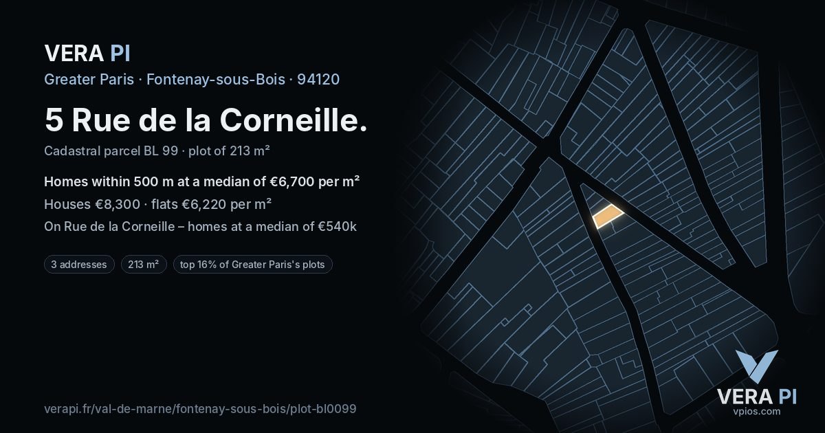5 Rue de la Corneille, Fontenay-sous-Bois at night – the plot lit, the parcels around coloured by the prices near them