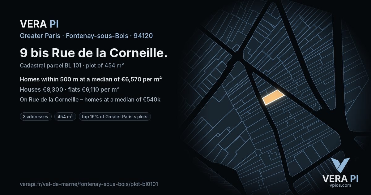 9 bis Rue de la Corneille, Fontenay-sous-Bois at night – the plot lit, the parcels around coloured by the prices near them