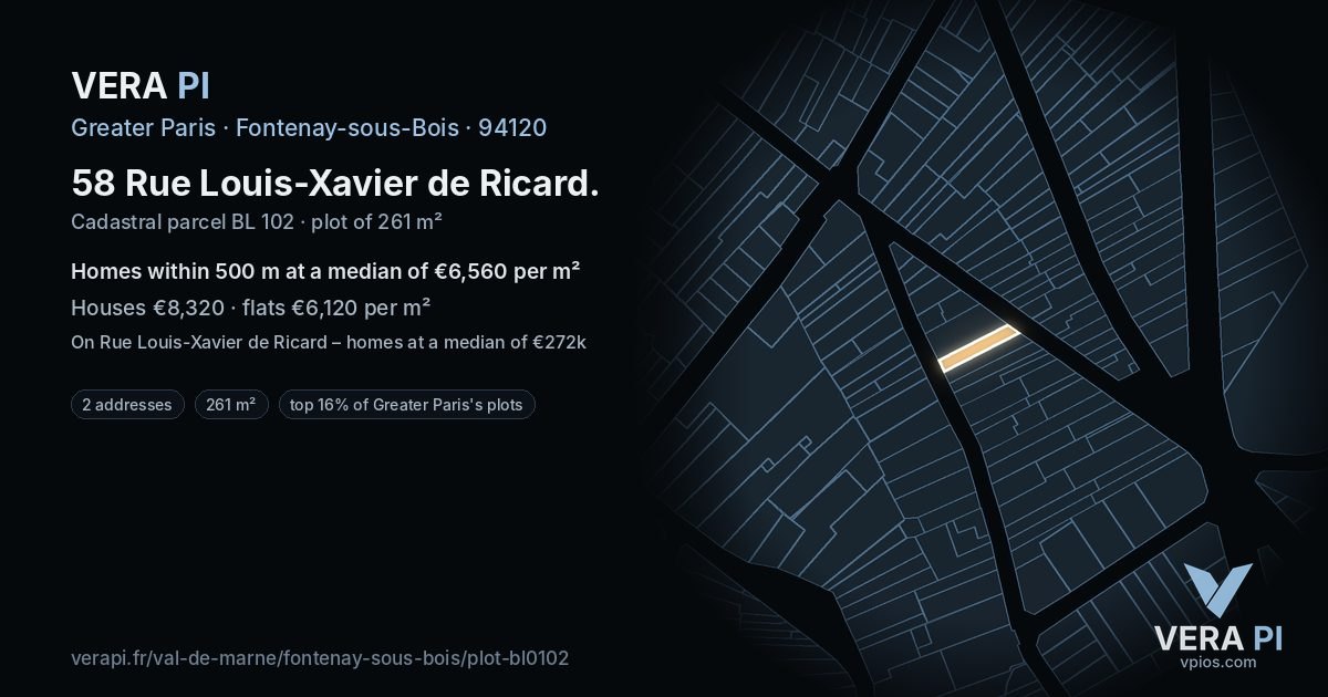 58 Rue Louis-Xavier de Ricard, Fontenay-sous-Bois at night – the plot lit, the parcels around coloured by the prices near them