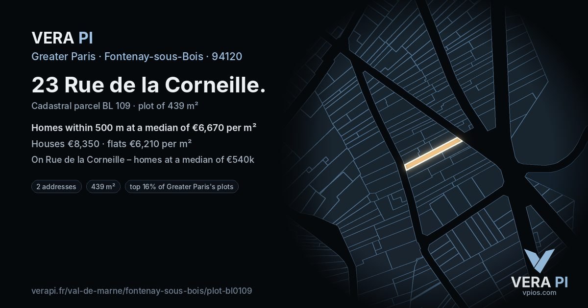 23 Rue de la Corneille, Fontenay-sous-Bois at night – the plot lit, the parcels around coloured by the prices near them