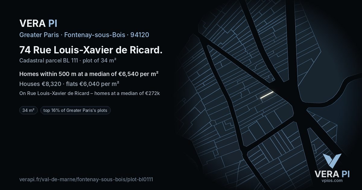 74 Rue Louis-Xavier de Ricard, Fontenay-sous-Bois at night – the plot lit, the parcels around coloured by the prices near them
