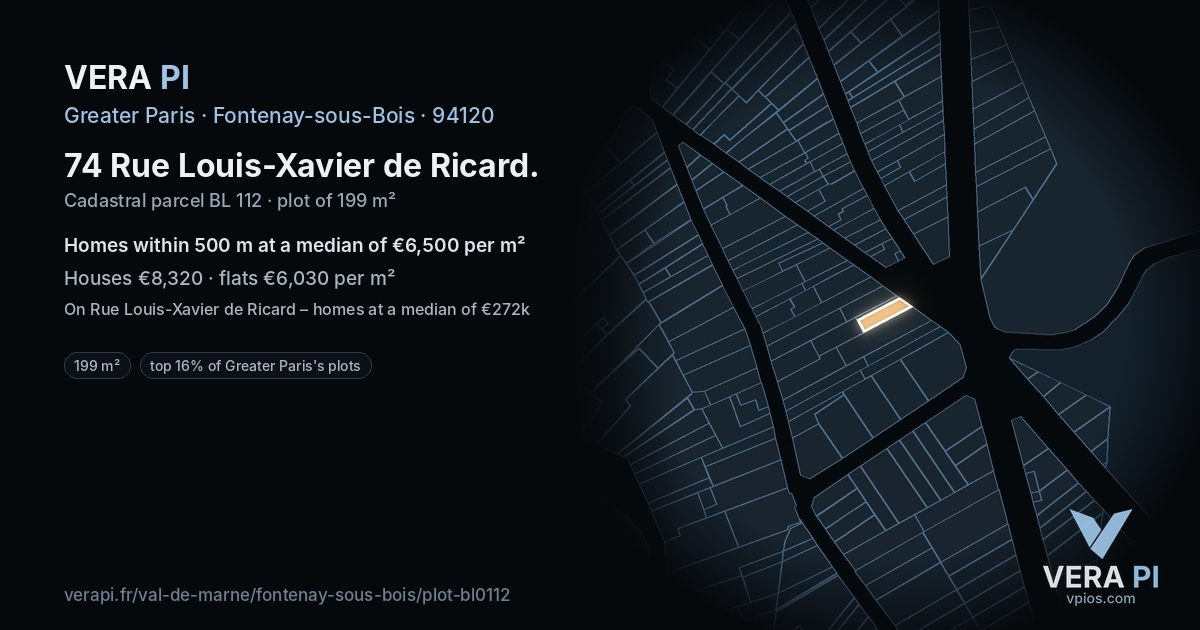 74 Rue Louis-Xavier de Ricard, Fontenay-sous-Bois at night – the plot lit, the parcels around coloured by the prices near them