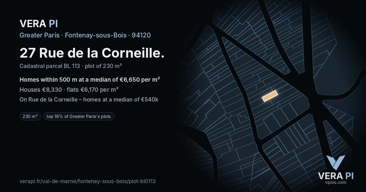 27 Rue de la Corneille, Fontenay-sous-Bois at night – the plot lit, the parcels around coloured by the prices near them