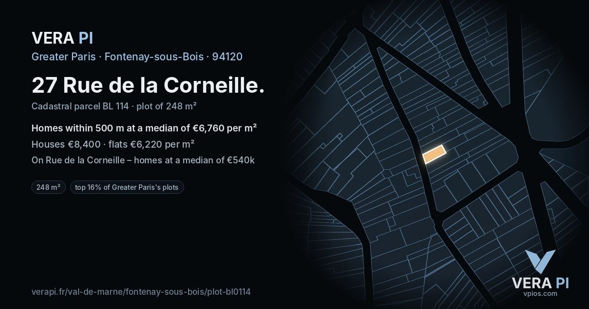 27 Rue de la Corneille, Fontenay-sous-Bois at night – the plot lit, the parcels around coloured by the prices near them