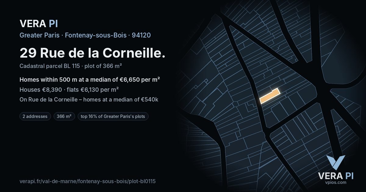 29 Rue de la Corneille, Fontenay-sous-Bois at night – the plot lit, the parcels around coloured by the prices near them