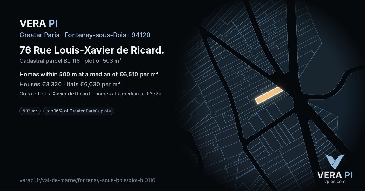 76 Rue Louis-Xavier de Ricard, Fontenay-sous-Bois at night – the plot lit, the parcels around coloured by the prices near them