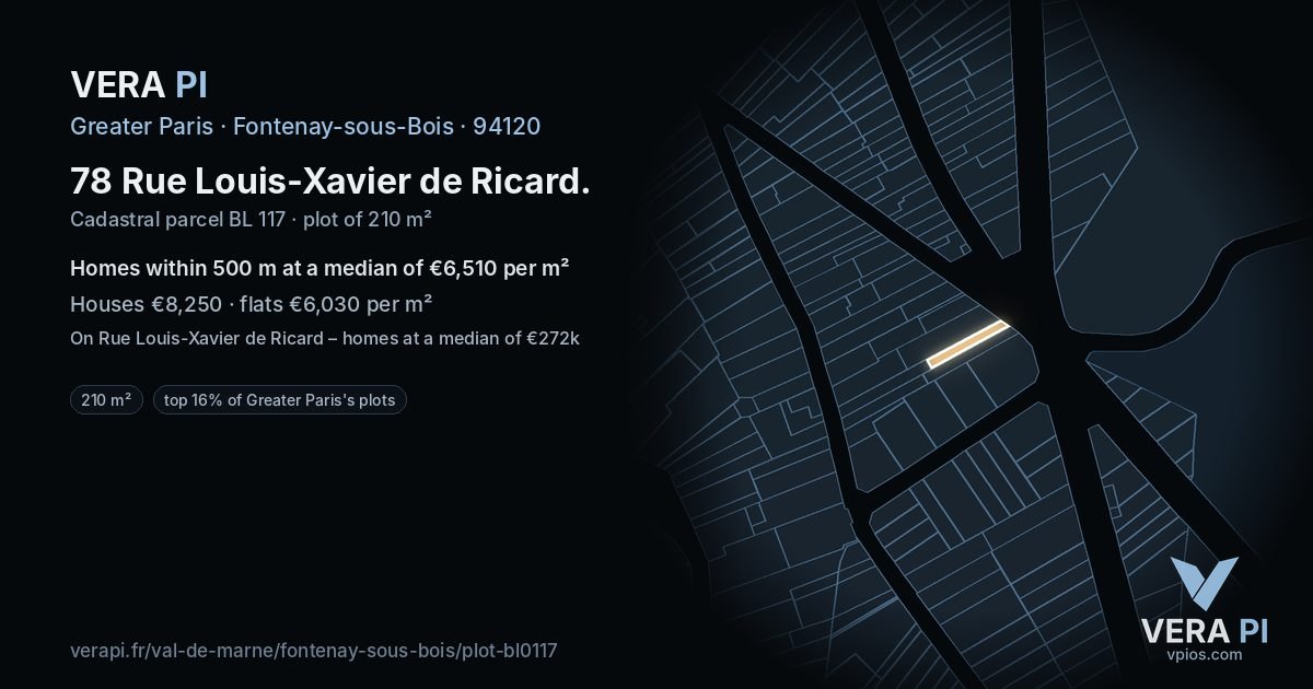 78 Rue Louis-Xavier de Ricard, Fontenay-sous-Bois at night – the plot lit, the parcels around coloured by the prices near them