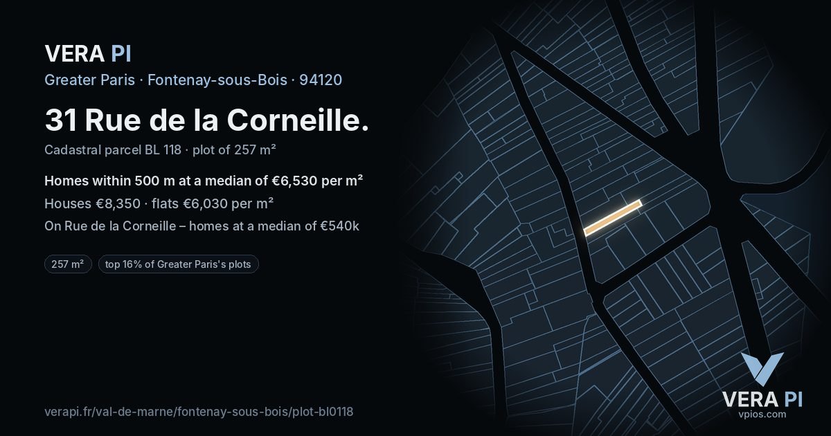 31 Rue de la Corneille, Fontenay-sous-Bois at night – the plot lit, the parcels around coloured by the prices near them