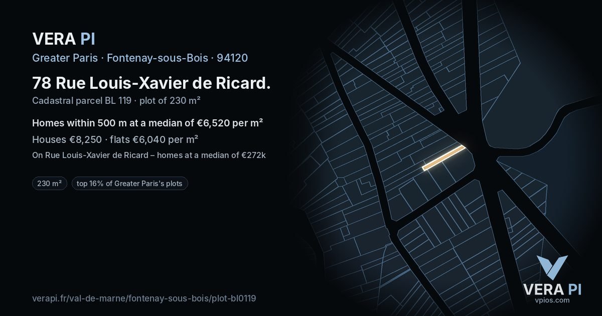 78 Rue Louis-Xavier de Ricard, Fontenay-sous-Bois at night – the plot lit, the parcels around coloured by the prices near them