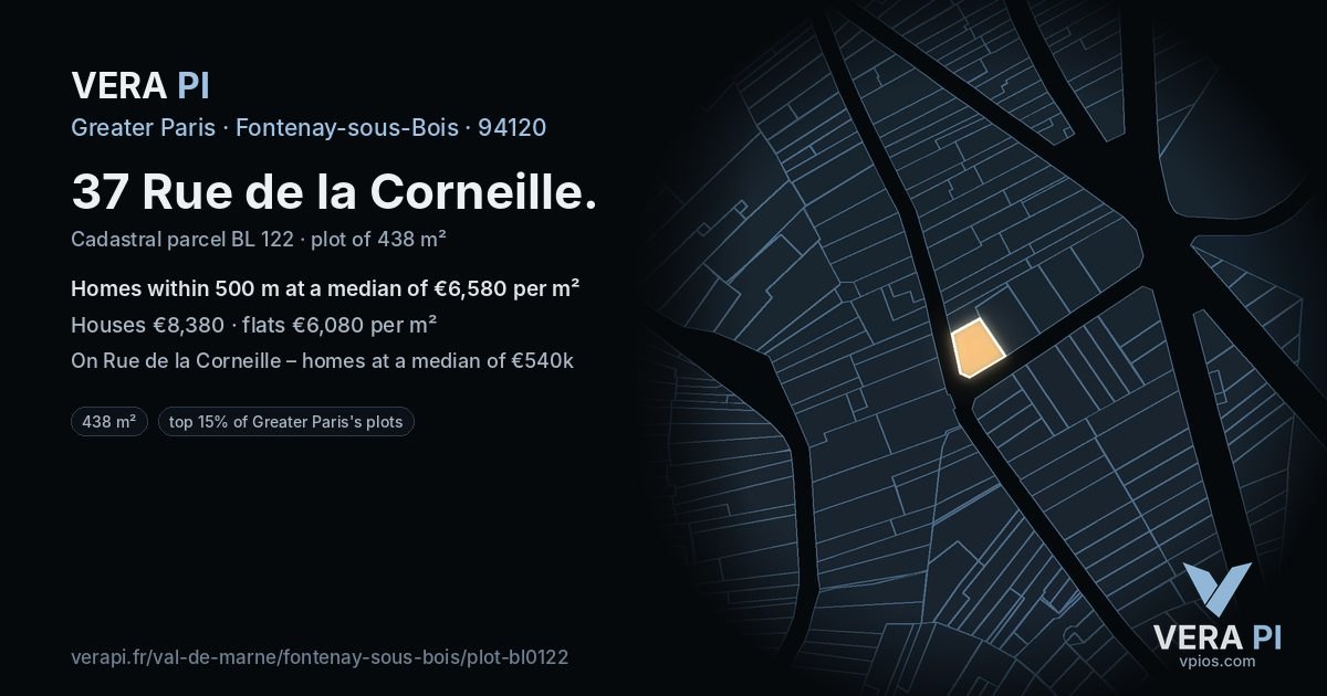 37 Rue de la Corneille, Fontenay-sous-Bois at night – the plot lit, the parcels around coloured by the prices near them