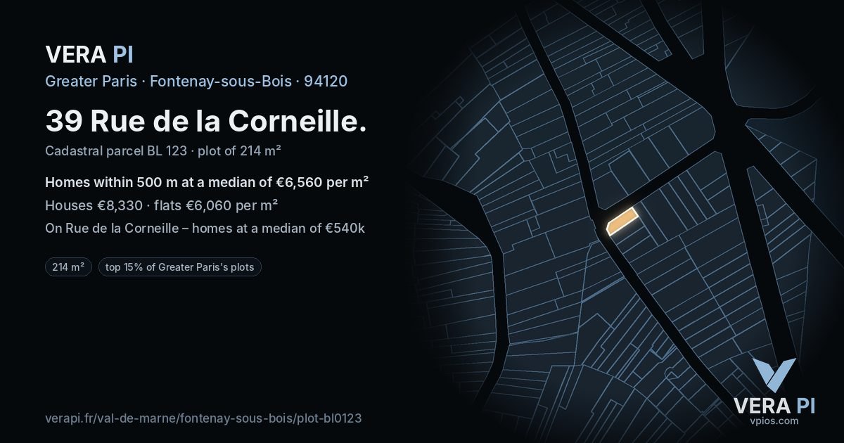 39 Rue de la Corneille, Fontenay-sous-Bois at night – the plot lit, the parcels around coloured by the prices near them