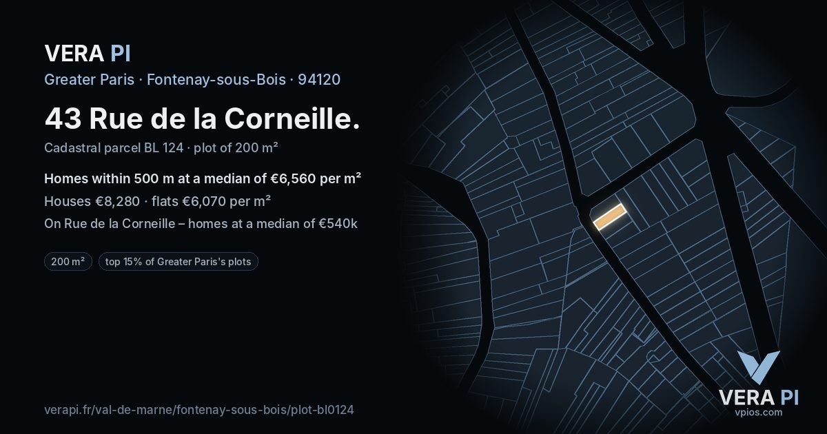 43 Rue de la Corneille, Fontenay-sous-Bois at night – the plot lit, the parcels around coloured by the prices near them
