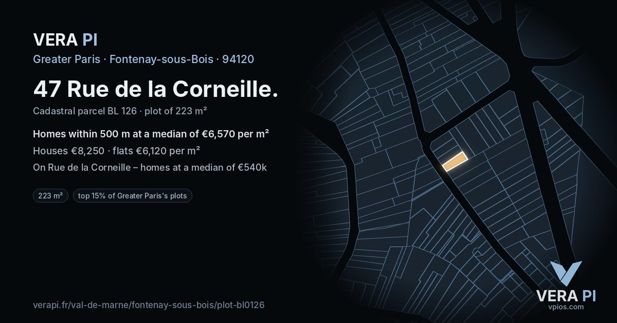 47 Rue de la Corneille, Fontenay-sous-Bois at night – the plot lit, the parcels around coloured by the prices near them