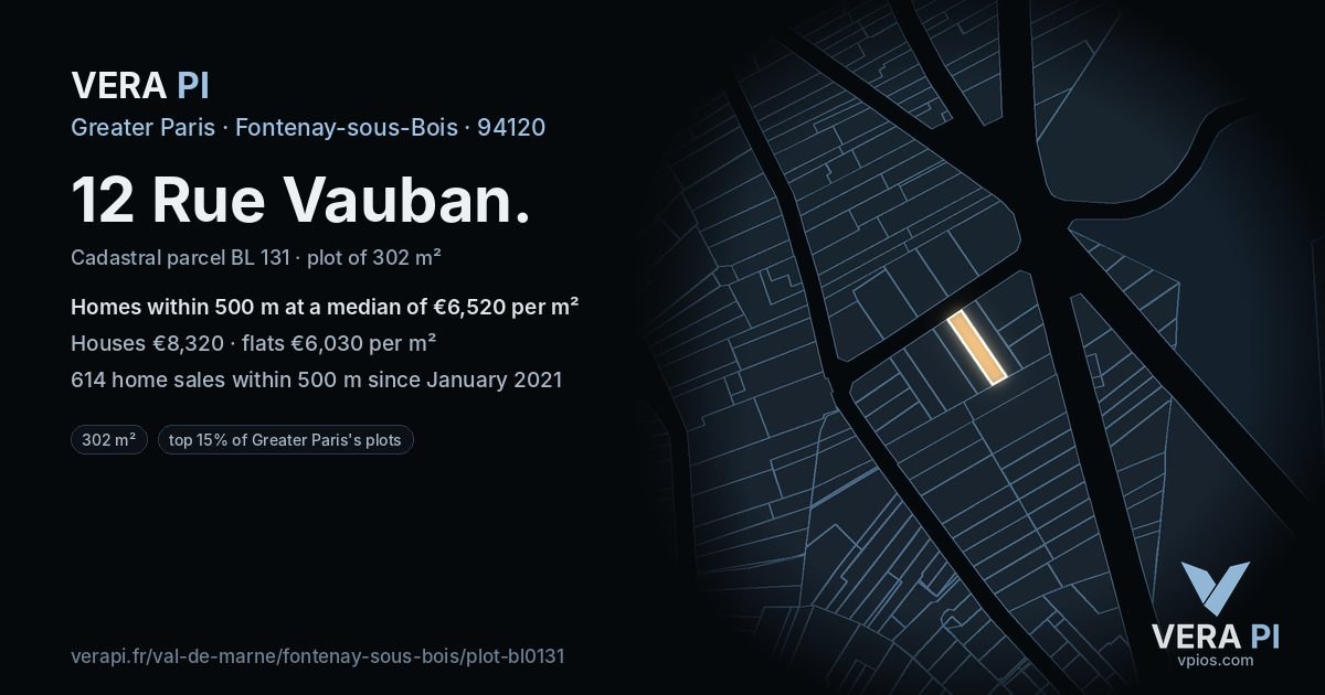 12 Rue Vauban, Fontenay-sous-Bois at night – the plot lit, the parcels around coloured by the prices near them