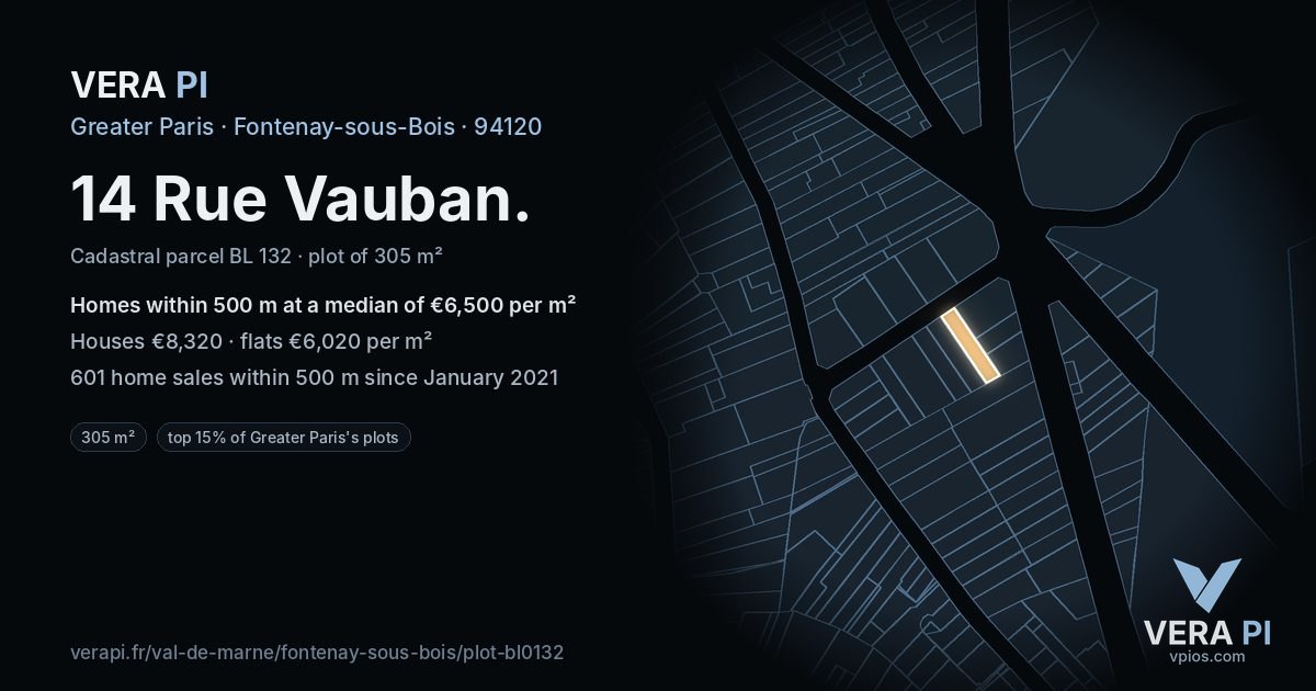 14 Rue Vauban, Fontenay-sous-Bois at night – the plot lit, the parcels around coloured by the prices near them