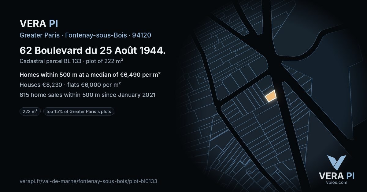 62 Boulevard du 25 Août 1944, Fontenay-sous-Bois at night – the plot lit, the parcels around coloured by the prices near them