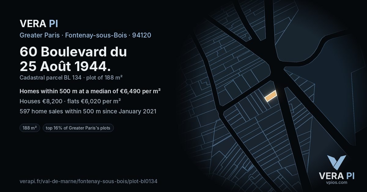 60 Boulevard du 25 Août 1944, Fontenay-sous-Bois at night – the plot lit, the parcels around coloured by the prices near them