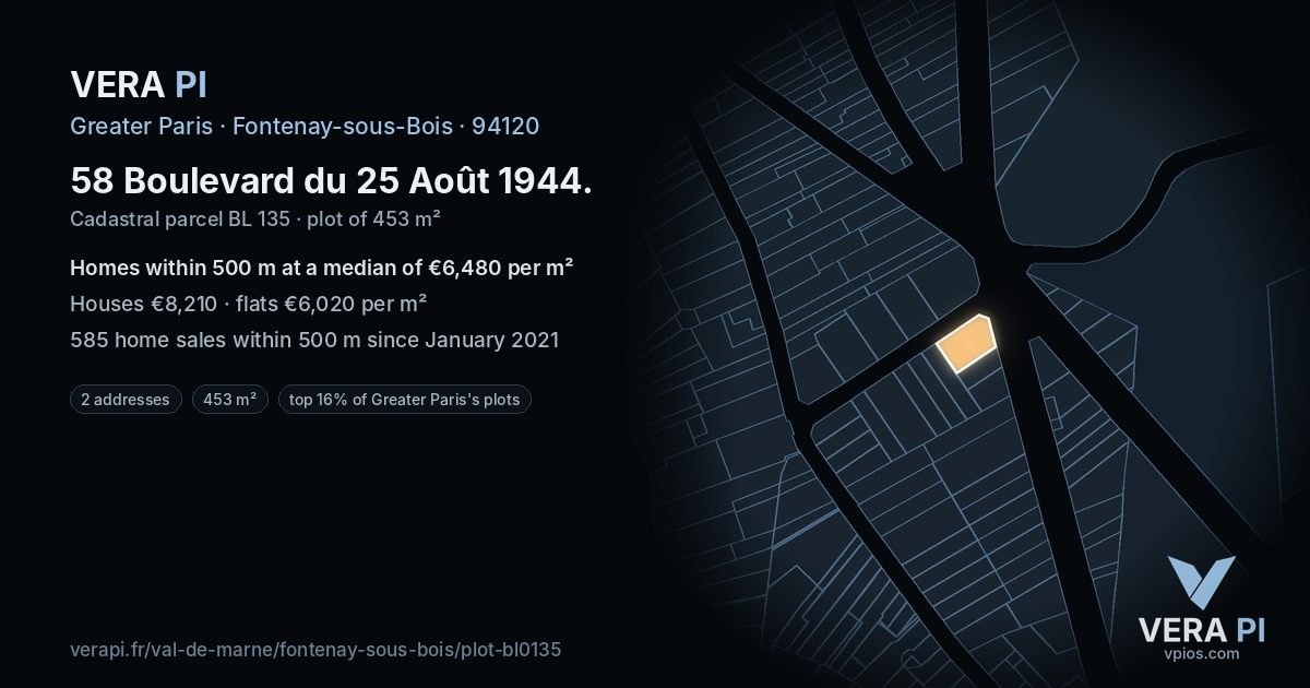 58 Boulevard du 25 Août 1944, Fontenay-sous-Bois at night – the plot lit, the parcels around coloured by the prices near them