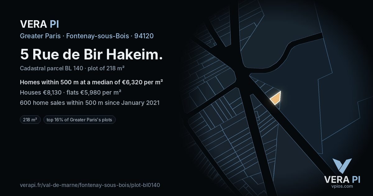 5 Rue de Bir Hakeim, Fontenay-sous-Bois at night – the plot lit, the parcels around coloured by the prices near them