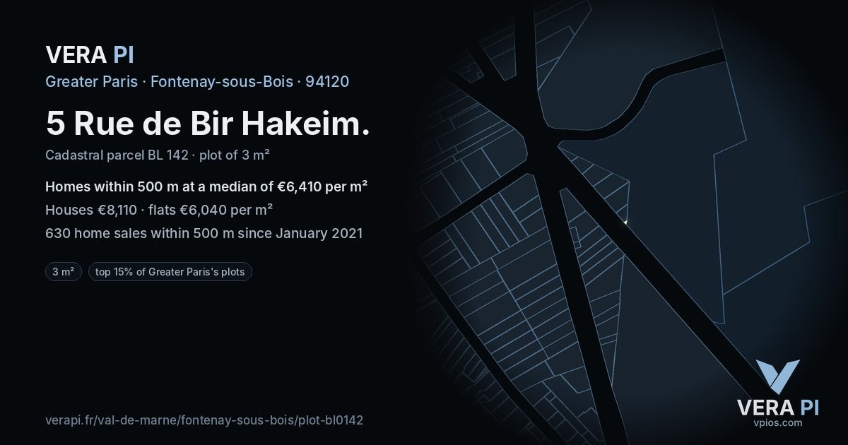 5 Rue de Bir Hakeim, Fontenay-sous-Bois at night – the plot lit, the parcels around coloured by the prices near them