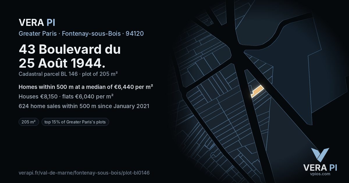 43 Boulevard du 25 Août 1944, Fontenay-sous-Bois at night – the plot lit, the parcels around coloured by the prices near them