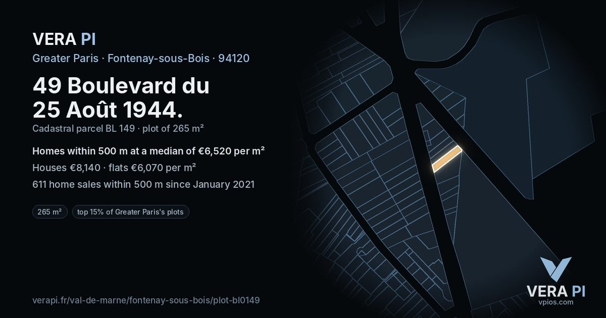 49 Boulevard du 25 Août 1944, Fontenay-sous-Bois at night – the plot lit, the parcels around coloured by the prices near them
