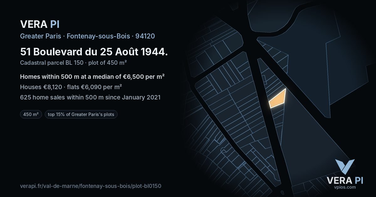 51 Boulevard du 25 Août 1944, Fontenay-sous-Bois at night – the plot lit, the parcels around coloured by the prices near them