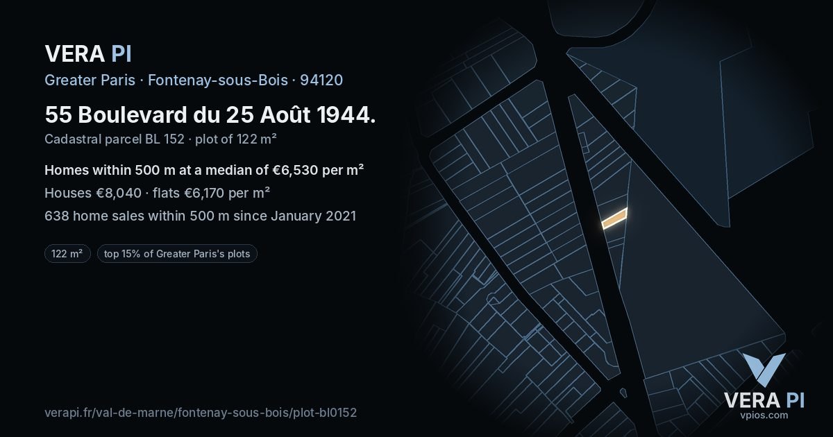 55 Boulevard du 25 Août 1944, Fontenay-sous-Bois at night – the plot lit, the parcels around coloured by the prices near them