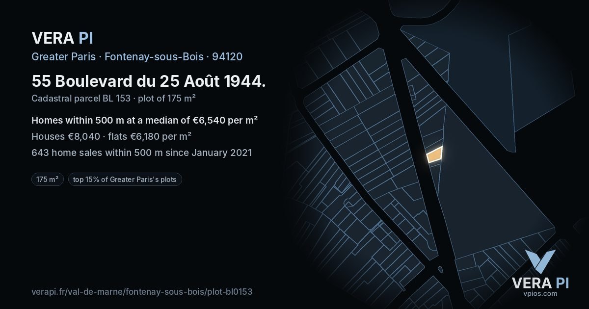 55 Boulevard du 25 Août 1944, Fontenay-sous-Bois at night – the plot lit, the parcels around coloured by the prices near them