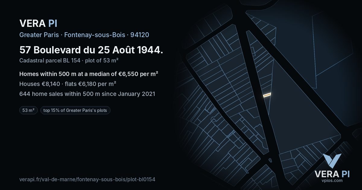 57 Boulevard du 25 Août 1944, Fontenay-sous-Bois at night – the plot lit, the parcels around coloured by the prices near them