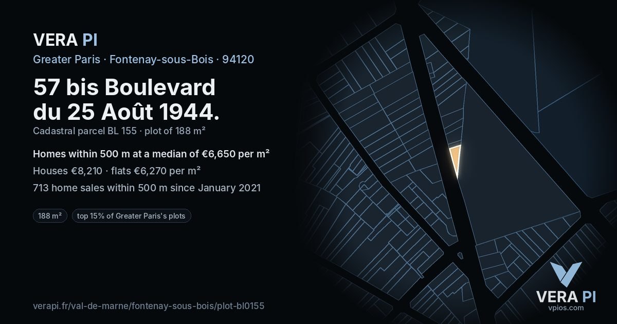 57 bis Boulevard du 25 Août 1944, Fontenay-sous-Bois at night – the plot lit, the parcels around coloured by the prices near them