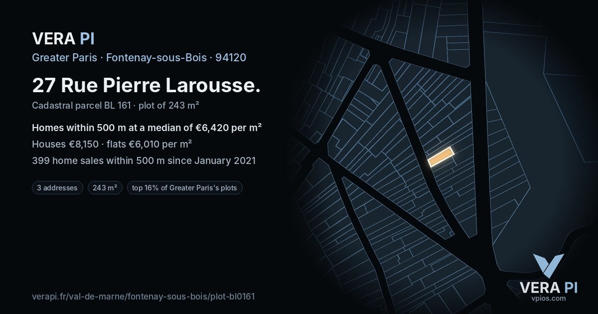 27 Rue Pierre Larousse, Fontenay-sous-Bois at night – the plot lit, the parcels around coloured by the prices near them