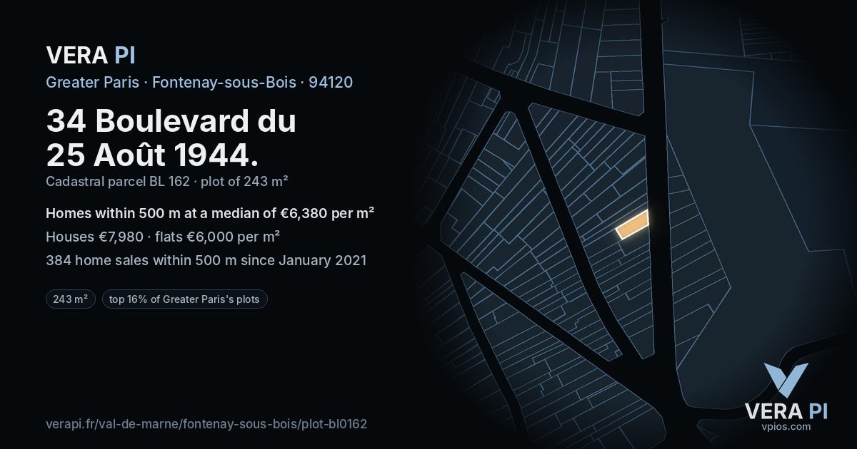 34 Boulevard du 25 Août 1944, Fontenay-sous-Bois at night – the plot lit, the parcels around coloured by the prices near them