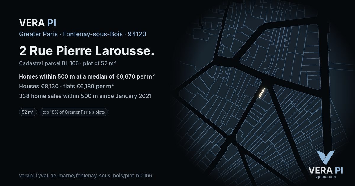2 Rue Pierre Larousse, Fontenay-sous-Bois at night – the plot lit, the parcels around coloured by the prices near them