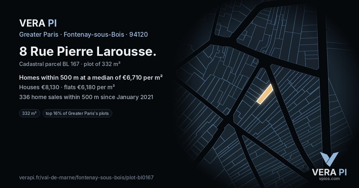 8 Rue Pierre Larousse, Fontenay-sous-Bois at night – the plot lit, the parcels around coloured by the prices near them