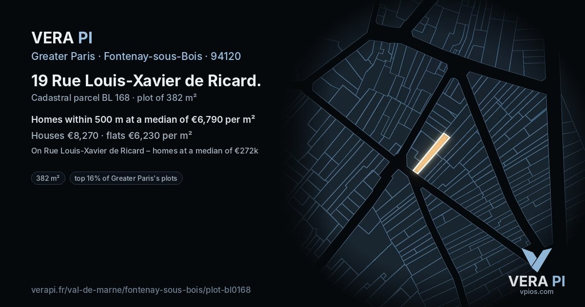 19 Rue Louis-Xavier de Ricard, Fontenay-sous-Bois at night – the plot lit, the parcels around coloured by the prices near them