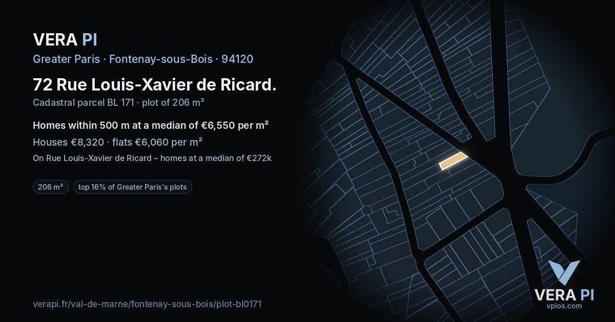 72 Rue Louis-Xavier de Ricard, Fontenay-sous-Bois at night – the plot lit, the parcels around coloured by the prices near them