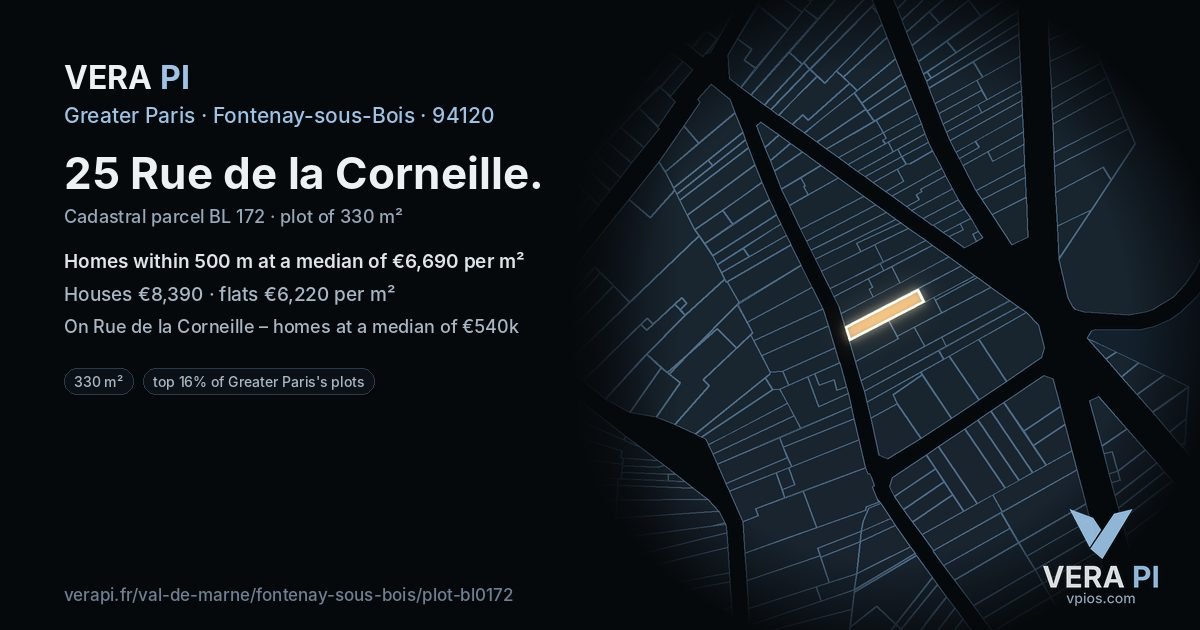 25 Rue de la Corneille, Fontenay-sous-Bois at night – the plot lit, the parcels around coloured by the prices near them