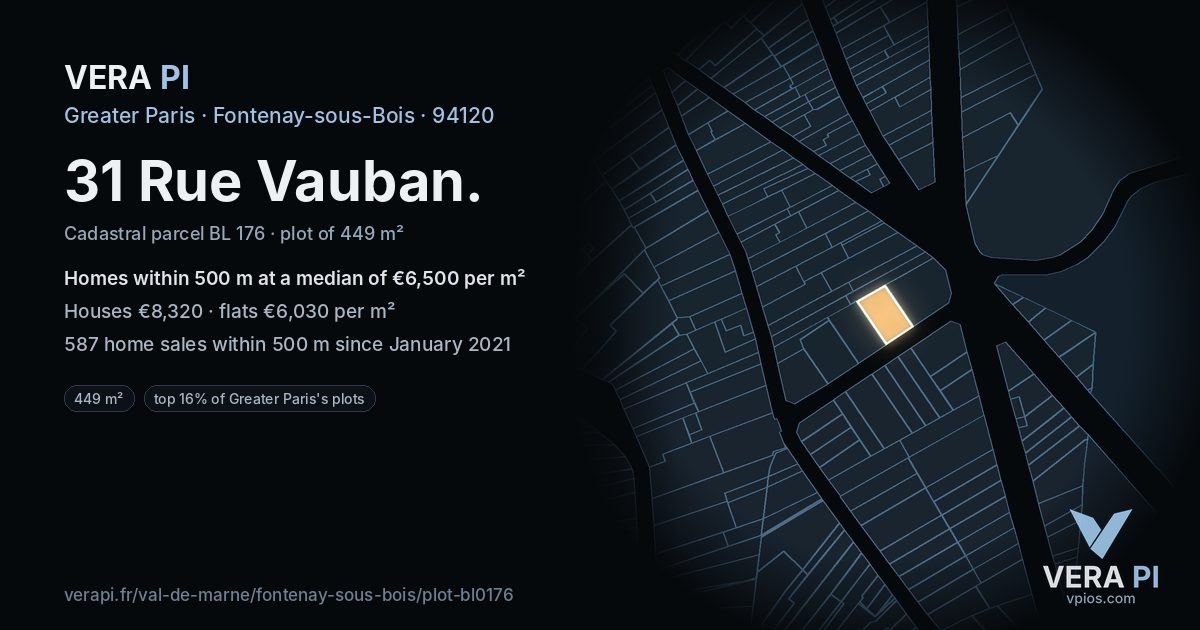 31 Rue Vauban, Fontenay-sous-Bois at night – the plot lit, the parcels around coloured by the prices near them