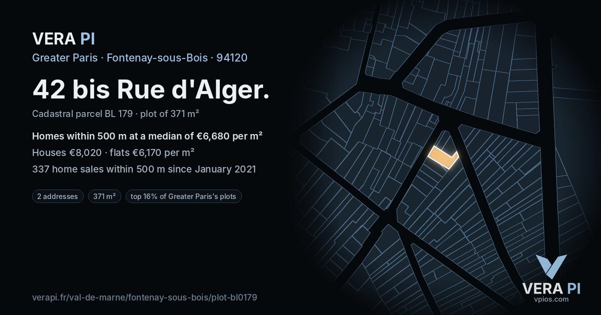 42 bis Rue d'Alger, Fontenay-sous-Bois at night – the plot lit, the parcels around coloured by the prices near them