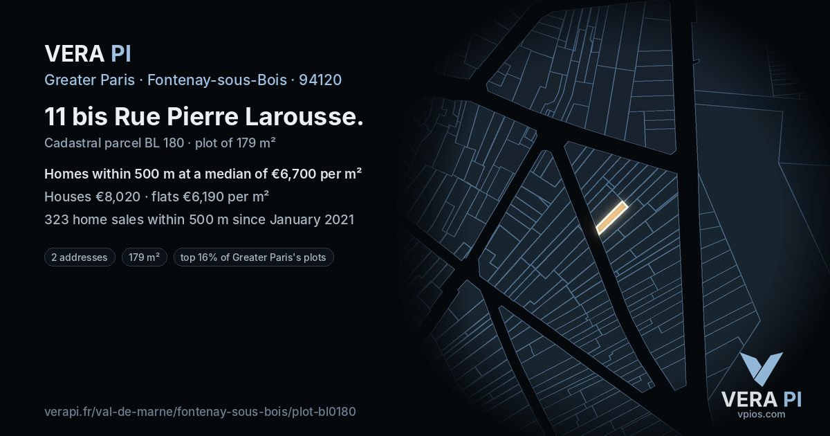 11 bis Rue Pierre Larousse, Fontenay-sous-Bois at night – the plot lit, the parcels around coloured by the prices near them