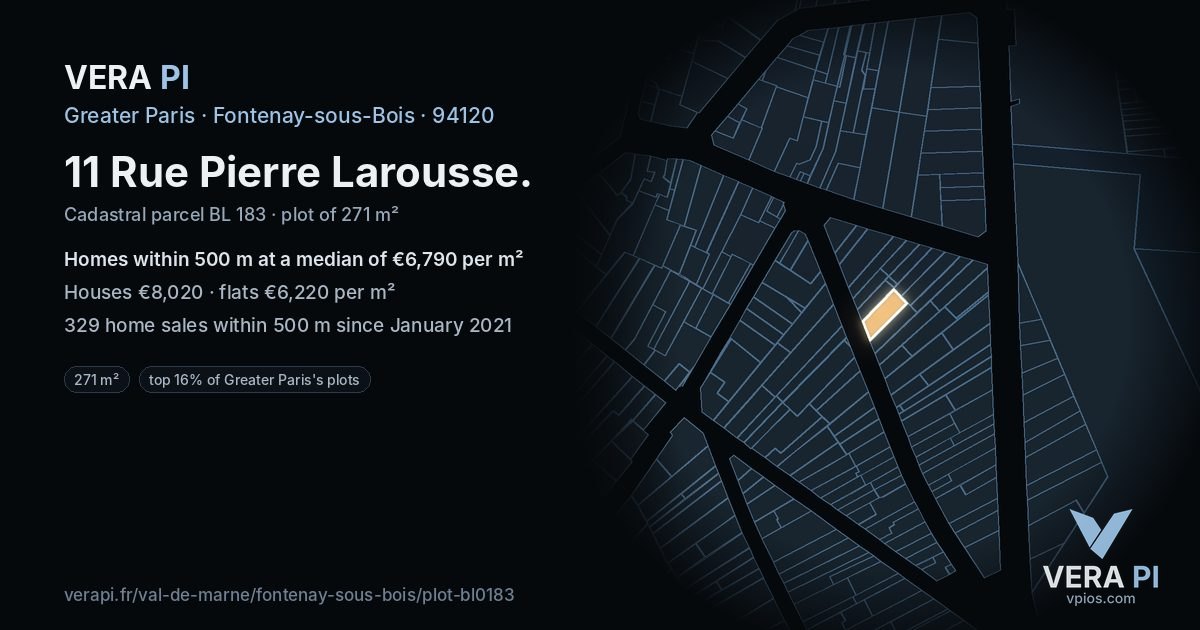 11 Rue Pierre Larousse, Fontenay-sous-Bois at night – the plot lit, the parcels around coloured by the prices near them