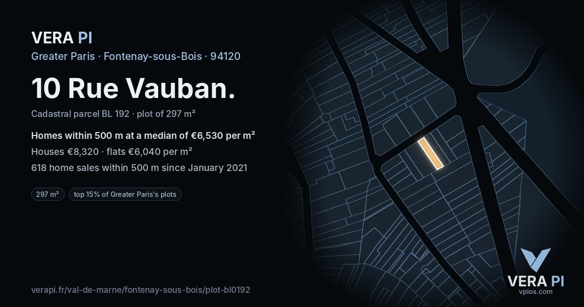 10 Rue Vauban, Fontenay-sous-Bois at night – the plot lit, the parcels around coloured by the prices near them