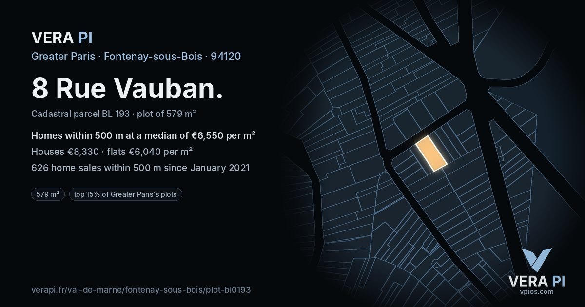 8 Rue Vauban, Fontenay-sous-Bois at night – the plot lit, the parcels around coloured by the prices near them