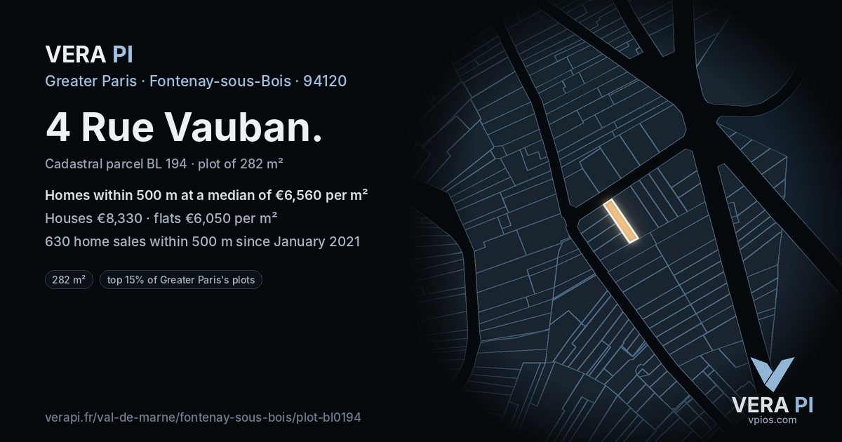 4 Rue Vauban, Fontenay-sous-Bois at night – the plot lit, the parcels around coloured by the prices near them