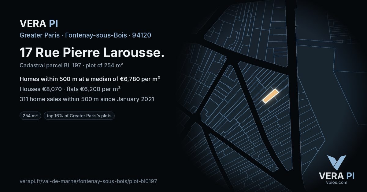 17 Rue Pierre Larousse, Fontenay-sous-Bois at night – the plot lit, the parcels around coloured by the prices near them
