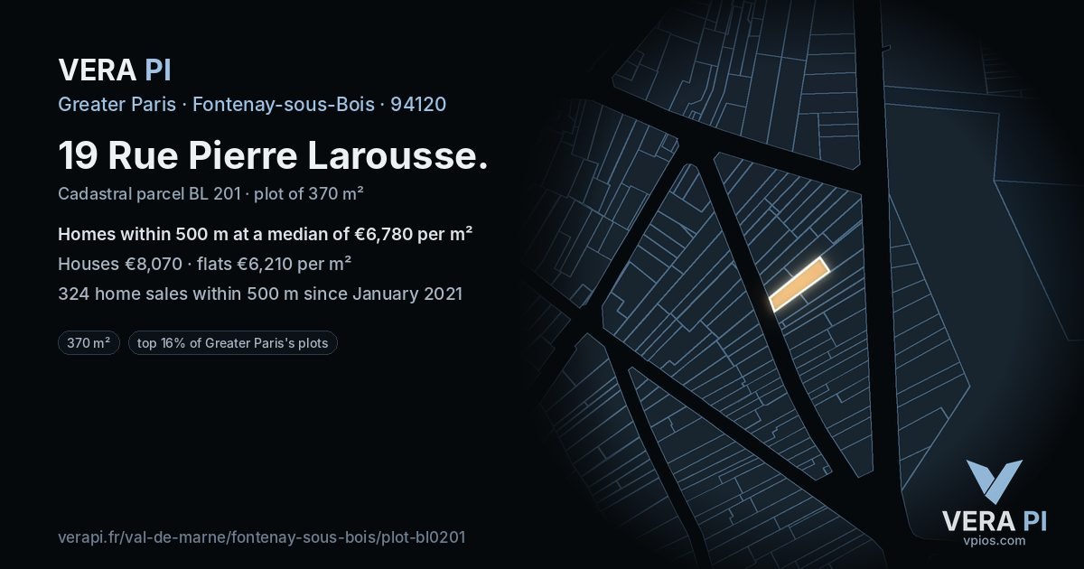19 Rue Pierre Larousse, Fontenay-sous-Bois at night – the plot lit, the parcels around coloured by the prices near them