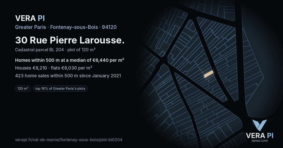 30 Rue Pierre Larousse, Fontenay-sous-Bois at night – the plot lit, the parcels around coloured by the prices near them